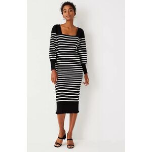Ann Taylor Black Striped Puff Sleeve Ruffled Square Neck Fitted Midi Dress sz XS